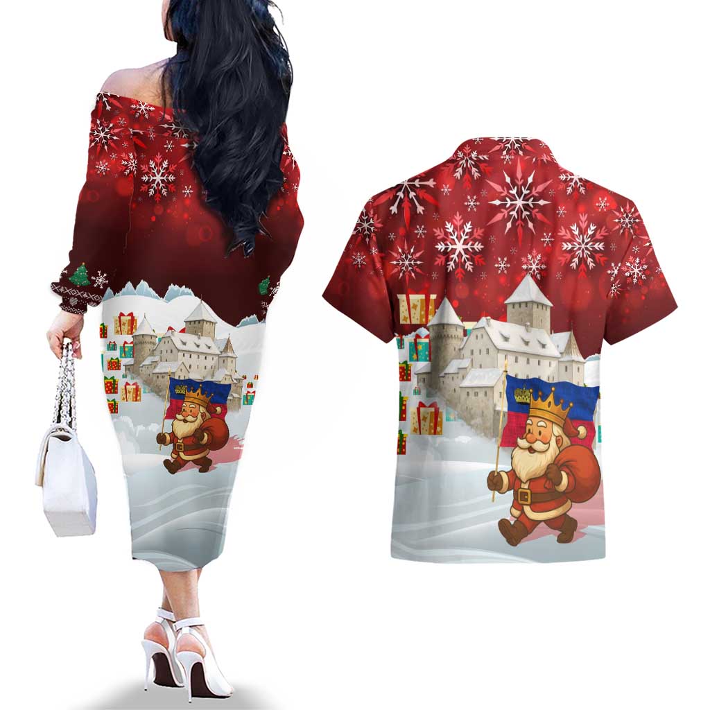Liechtenstein Christmas Couples Matching Off The Shoulder Long Sleeve Dress and Hawaiian Shirt with Santa Claus Castle Snowflakes and National Flag - Wonder Print Shop