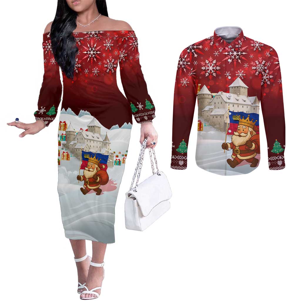 Liechtenstein Christmas Couples Matching Off The Shoulder Long Sleeve Dress and Long Sleeve Button Shirt with Santa Claus Castle Snowflakes and National Flag - Wonder Print Shop