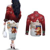 Liechtenstein Christmas Couples Matching Off The Shoulder Long Sleeve Dress and Long Sleeve Button Shirt with Santa Claus Castle Snowflakes and National Flag - Wonder Print Shop