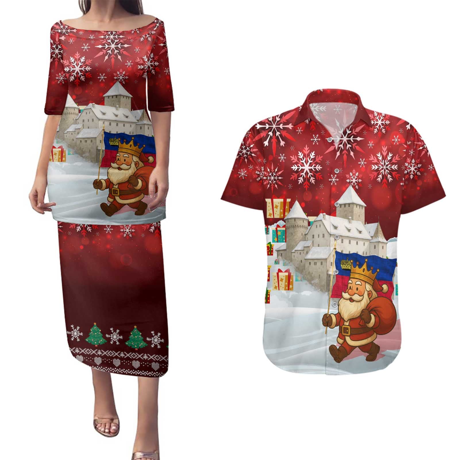 Liechtenstein Christmas Couples Matching Puletasi and Hawaiian Shirt with Santa Claus Castle Snowflakes and National Flag - Wonder Print Shop