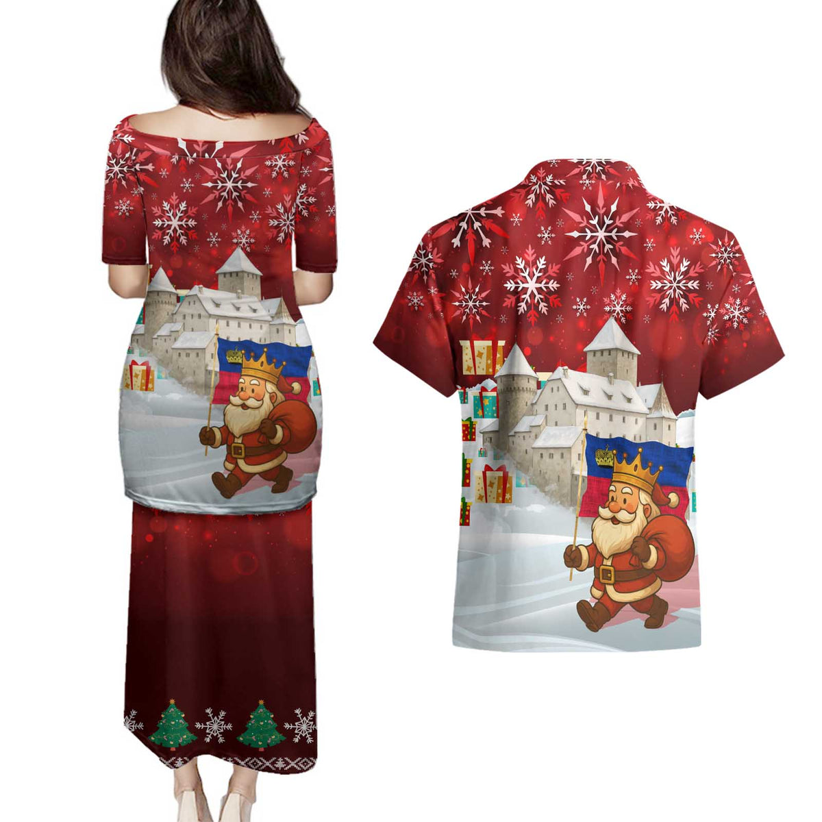 Liechtenstein Christmas Couples Matching Puletasi and Hawaiian Shirt with Santa Claus Castle Snowflakes and National Flag - Wonder Print Shop