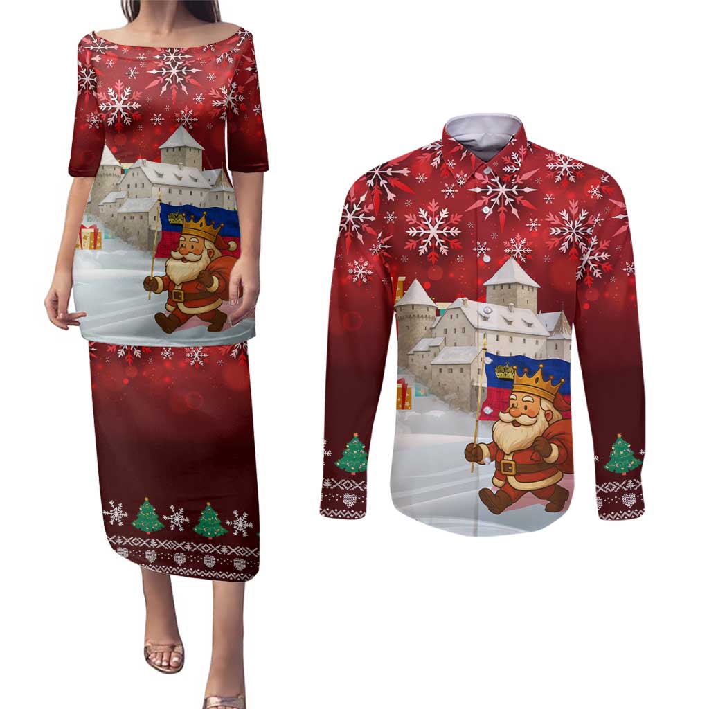 Liechtenstein Christmas Couples Matching Puletasi and Long Sleeve Button Shirt with Santa Claus Castle Snowflakes and National Flag - Wonder Print Shop