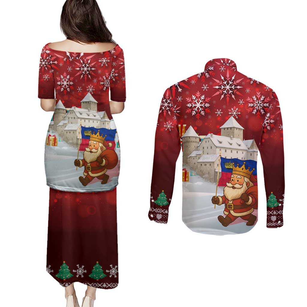 Liechtenstein Christmas Couples Matching Puletasi and Long Sleeve Button Shirt with Santa Claus Castle Snowflakes and National Flag - Wonder Print Shop