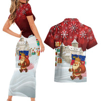 Liechtenstein Christmas Couples Matching Short Sleeve Bodycon Dress and Hawaiian Shirt with Santa Claus Castle Snowflakes and National Flag - Wonder Print Shop