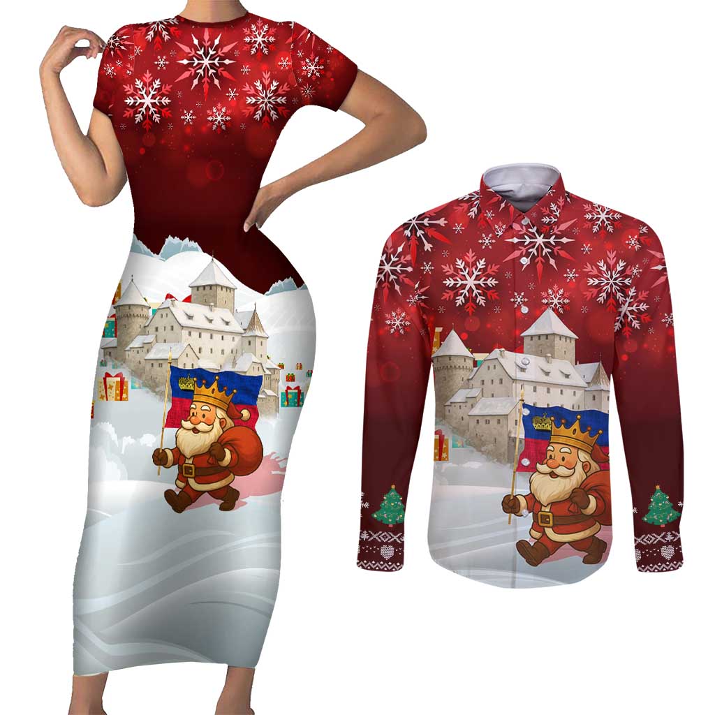 Liechtenstein Christmas Couples Matching Short Sleeve Bodycon Dress and Long Sleeve Button Shirt with Santa Claus Castle Snowflakes and National Flag - Wonder Print Shop