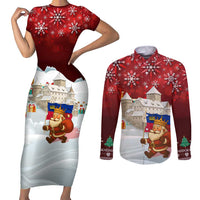 Liechtenstein Christmas Couples Matching Short Sleeve Bodycon Dress and Long Sleeve Button Shirt with Santa Claus Castle Snowflakes and National Flag - Wonder Print Shop
