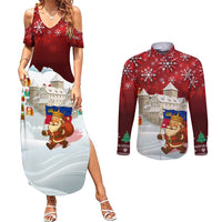 Liechtenstein Christmas Couples Matching Summer Maxi Dress and Long Sleeve Button Shirt with Santa Claus Castle Snowflakes and National Flag - Wonder Print Shop