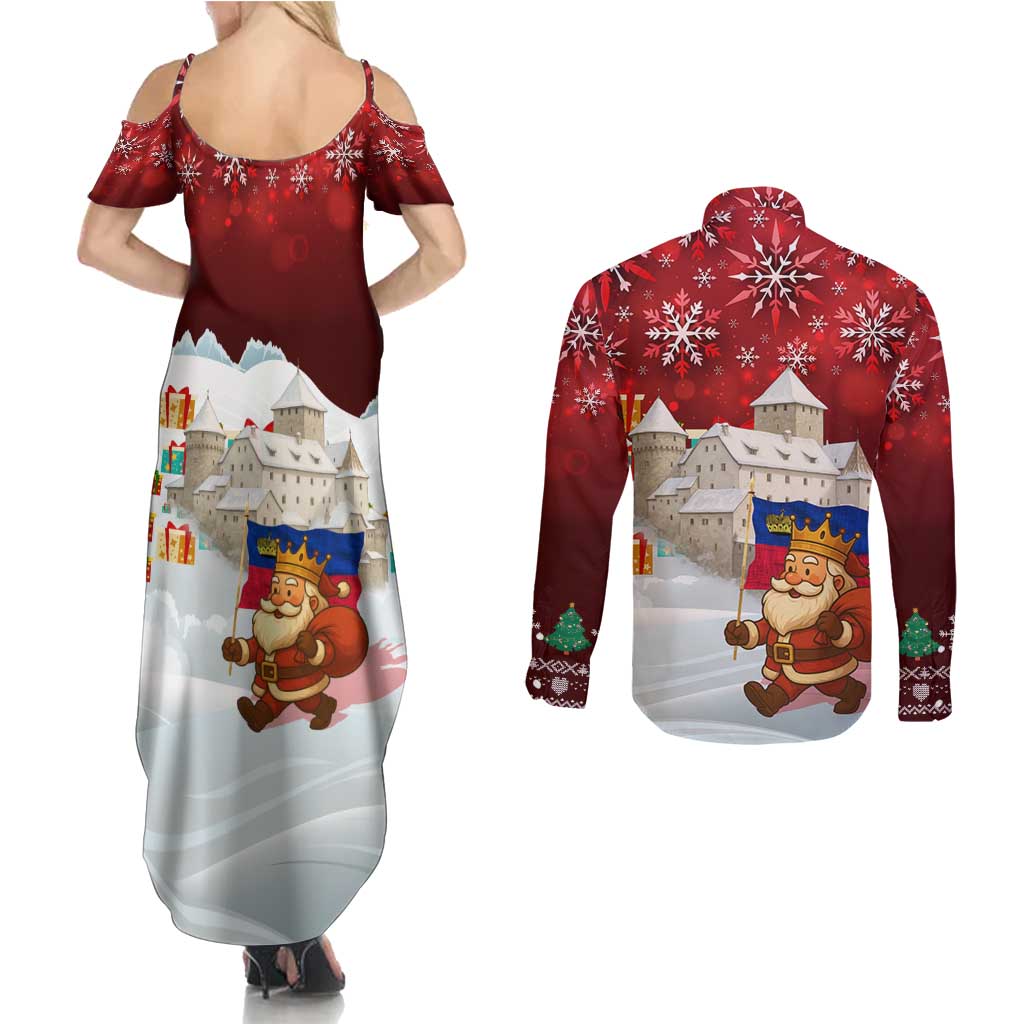 Liechtenstein Christmas Couples Matching Summer Maxi Dress and Long Sleeve Button Shirt with Santa Claus Castle Snowflakes and National Flag - Wonder Print Shop
