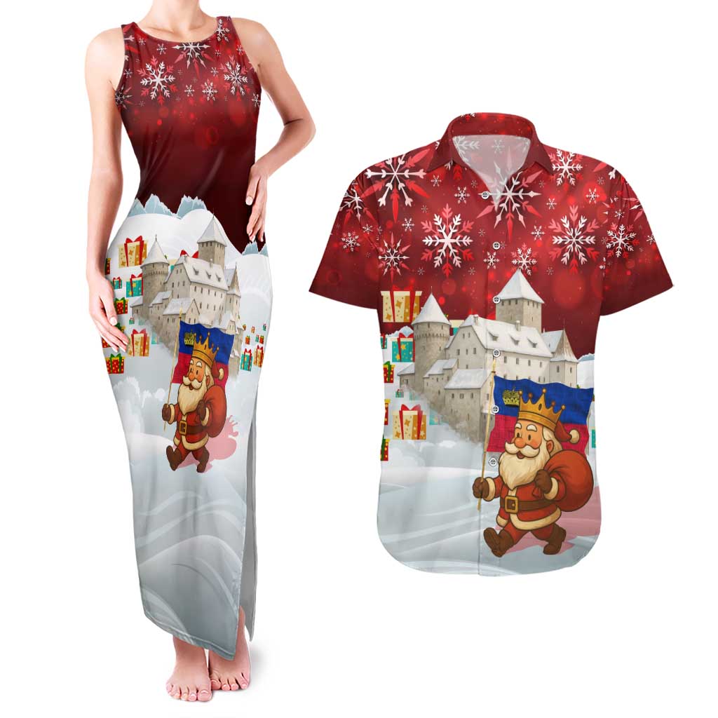 Liechtenstein Christmas Couples Matching Tank Maxi Dress and Hawaiian Shirt with Santa Claus Castle Snowflakes and National Flag - Wonder Print Shop