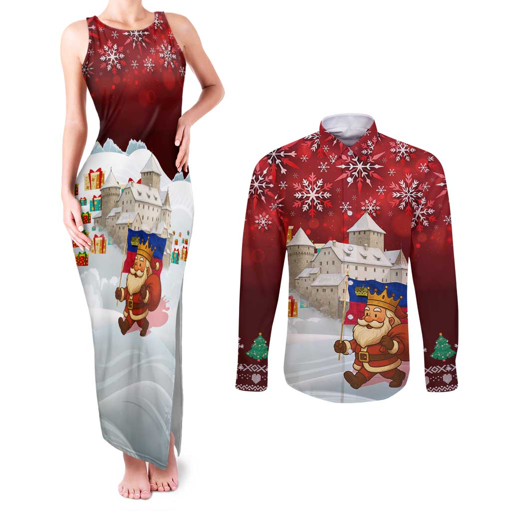 Liechtenstein Christmas Couples Matching Tank Maxi Dress and Long Sleeve Button Shirt with Santa Claus Castle Snowflakes and National Flag - Wonder Print Shop