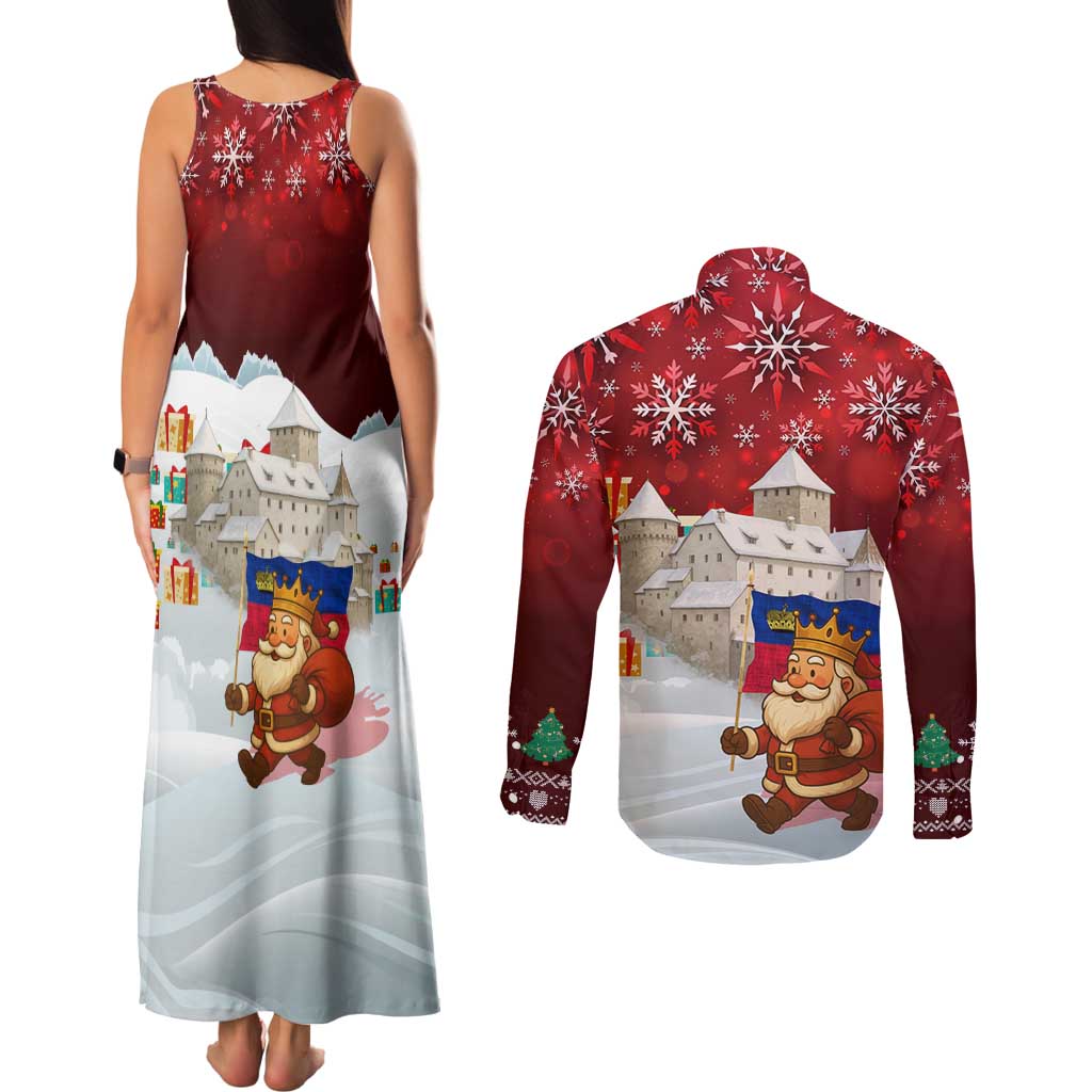 Liechtenstein Christmas Couples Matching Tank Maxi Dress and Long Sleeve Button Shirt with Santa Claus Castle Snowflakes and National Flag - Wonder Print Shop