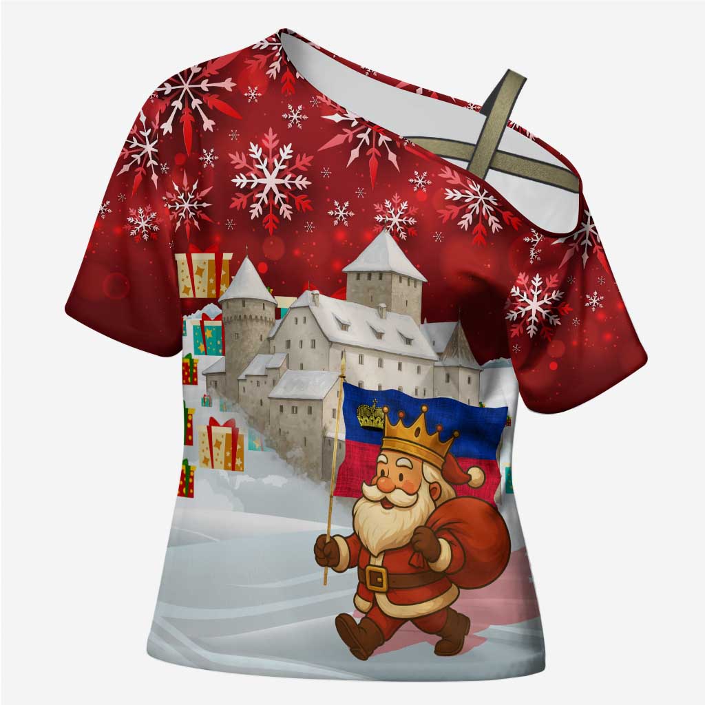 Liechtenstein Christmas Cross Shoulder Shirt with Santa Claus Castle Snowflakes and National Flag - Wonder Print Shop