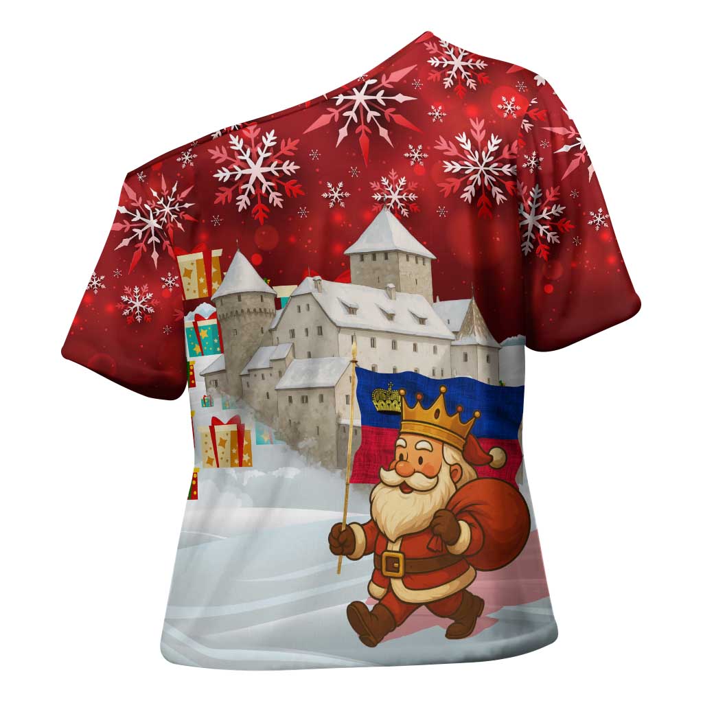 Liechtenstein Christmas Cross Shoulder Shirt with Santa Claus Castle Snowflakes and National Flag - Wonder Print Shop