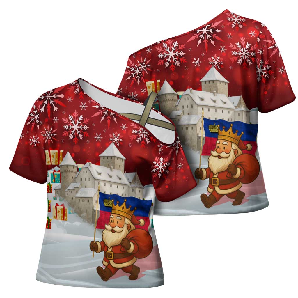 Liechtenstein Christmas Cross Shoulder Shirt with Santa Claus Castle Snowflakes and National Flag - Wonder Print Shop