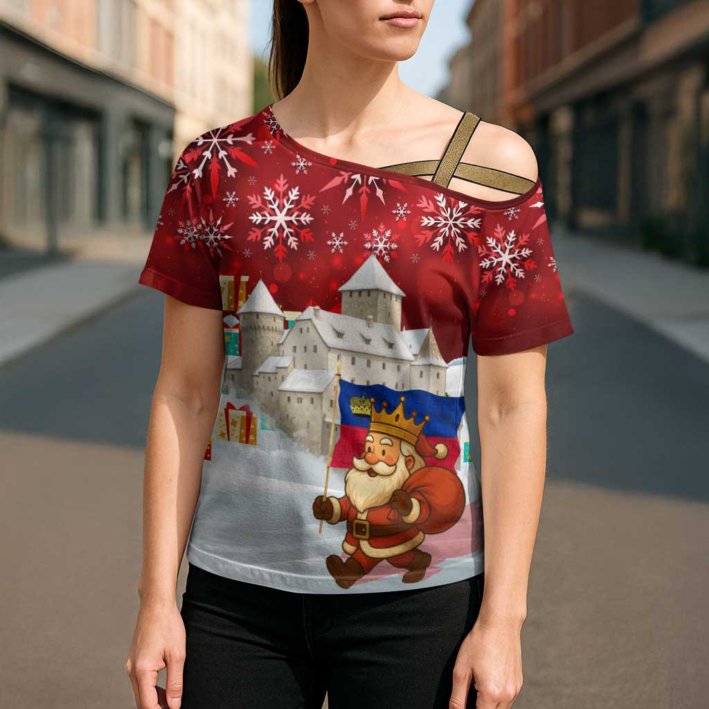Liechtenstein Christmas Cross Shoulder Shirt with Santa Claus Castle Snowflakes and National Flag - Wonder Print Shop
