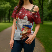 Liechtenstein Christmas Cross Shoulder Shirt with Santa Claus Castle Snowflakes and National Flag - Wonder Print Shop