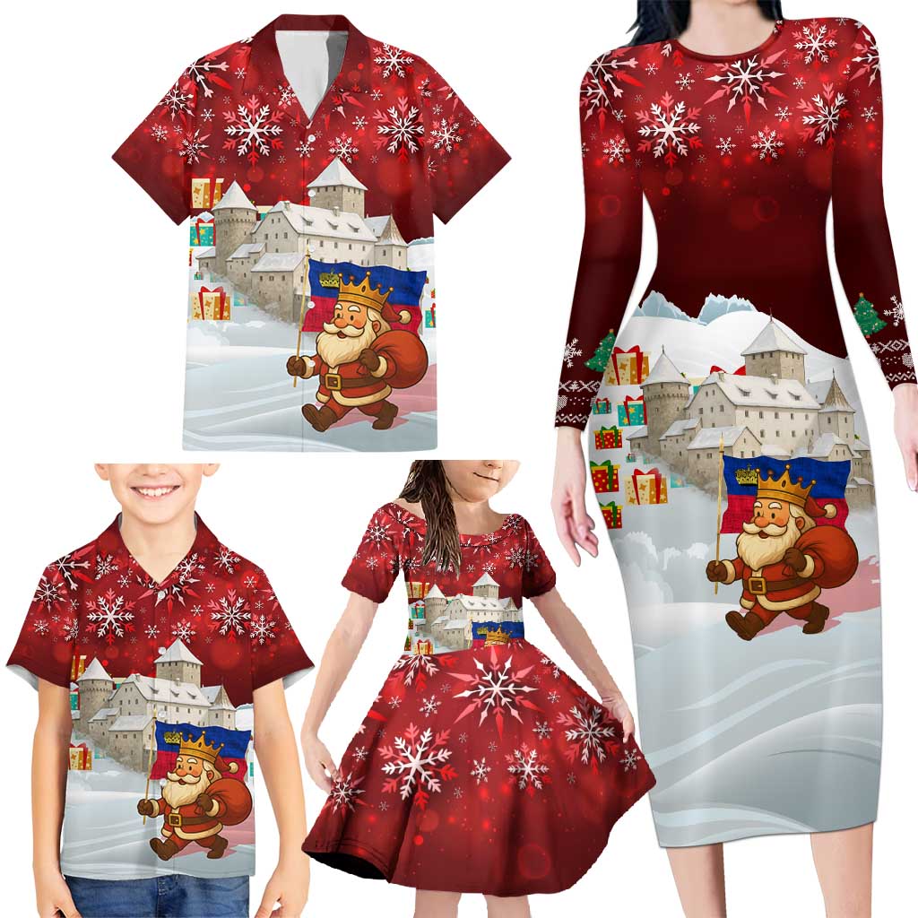 Liechtenstein Christmas Family Matching Long Sleeve Bodycon Dress and Hawaiian Shirt with Santa Claus Castle Snowflakes and National Flag - Wonder Print Shop