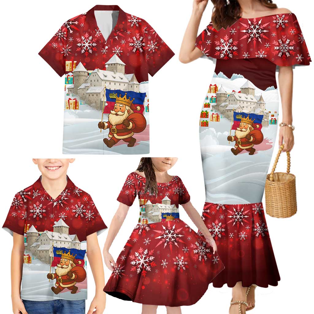 Liechtenstein Christmas Family Matching Mermaid Dress and Hawaiian Shirt with Santa Claus Castle Snowflakes and National Flag - Wonder Print Shop
