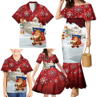 Liechtenstein Christmas Family Matching Mermaid Dress and Hawaiian Shirt with Santa Claus Castle Snowflakes and National Flag - Wonder Print Shop