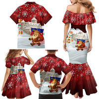 Liechtenstein Christmas Family Matching Mermaid Dress and Hawaiian Shirt with Santa Claus Castle Snowflakes and National Flag - Wonder Print Shop