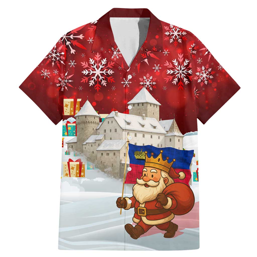 Liechtenstein Christmas Family Matching Mermaid Dress and Hawaiian Shirt with Santa Claus Castle Snowflakes and National Flag - Wonder Print Shop