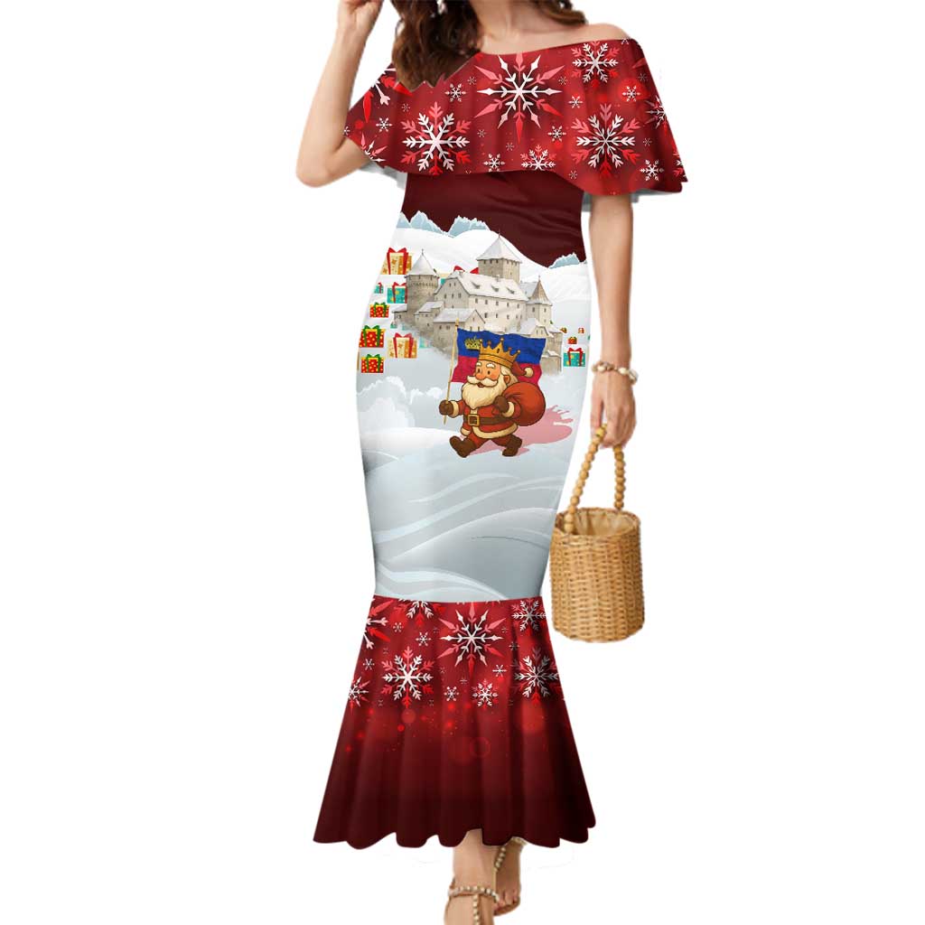 Liechtenstein Christmas Family Matching Mermaid Dress and Hawaiian Shirt with Santa Claus Castle Snowflakes and National Flag - Wonder Print Shop