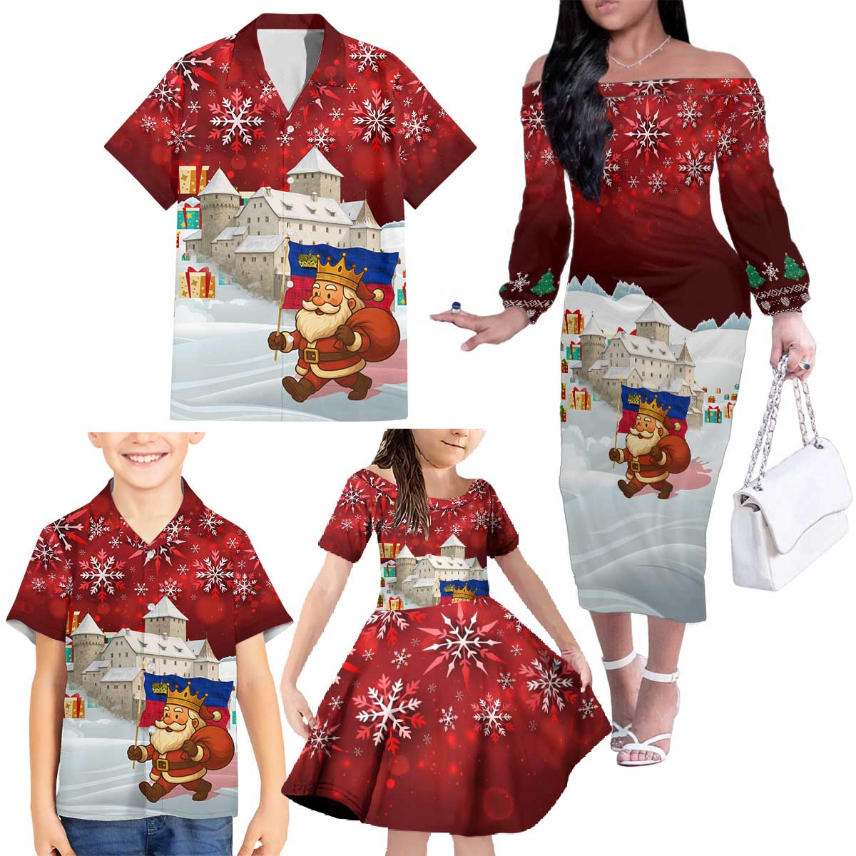 Liechtenstein Christmas Family Matching Off The Shoulder Long Sleeve Dress and Hawaiian Shirt with Santa Claus Castle Snowflakes and National Flag - Wonder Print Shop