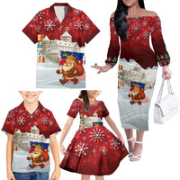 Liechtenstein Christmas Family Matching Off The Shoulder Long Sleeve Dress and Hawaiian Shirt with Santa Claus Castle Snowflakes and National Flag - Wonder Print Shop