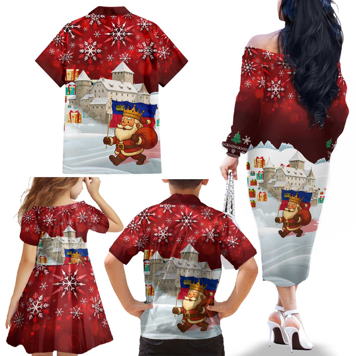Liechtenstein Christmas Family Matching Off The Shoulder Long Sleeve Dress and Hawaiian Shirt with Santa Claus Castle Snowflakes and National Flag - Wonder Print Shop