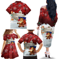 Liechtenstein Christmas Family Matching Off The Shoulder Long Sleeve Dress and Hawaiian Shirt with Santa Claus Castle Snowflakes and National Flag - Wonder Print Shop