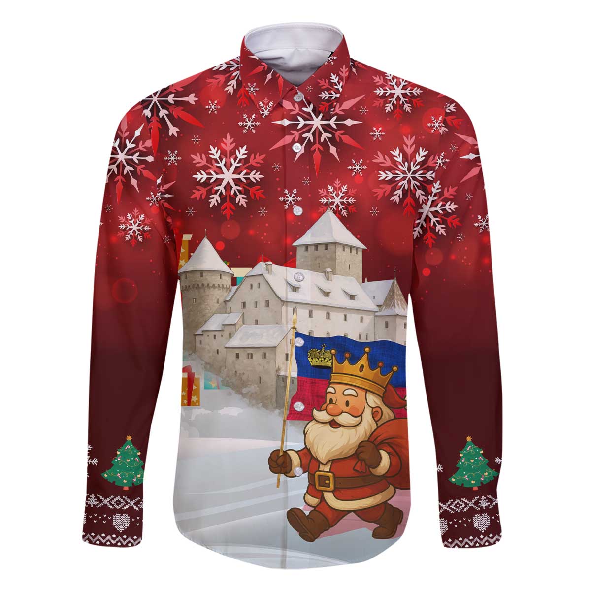 Liechtenstein Christmas Family Matching Off The Shoulder Long Sleeve Dress and Hawaiian Shirt with Santa Claus Castle Snowflakes and National Flag - Wonder Print Shop