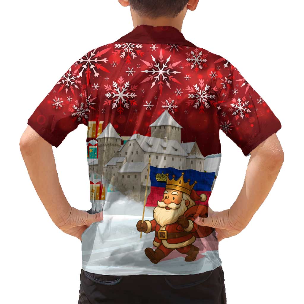 Liechtenstein Christmas Family Matching Off Shoulder Maxi Dress and Hawaiian Shirt with Santa Claus Castle Snowflakes and National Flag - Wonder Print Shop