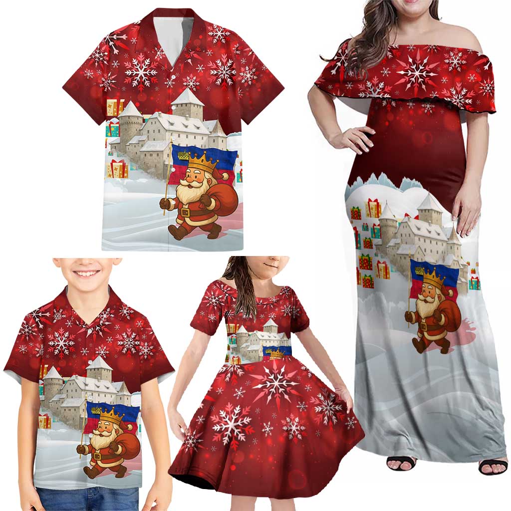 Liechtenstein Christmas Family Matching Off Shoulder Maxi Dress and Hawaiian Shirt with Santa Claus Castle Snowflakes and National Flag - Wonder Print Shop