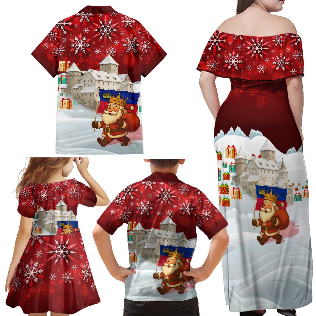 Liechtenstein Christmas Family Matching Off Shoulder Maxi Dress and Hawaiian Shirt with Santa Claus Castle Snowflakes and National Flag - Wonder Print Shop