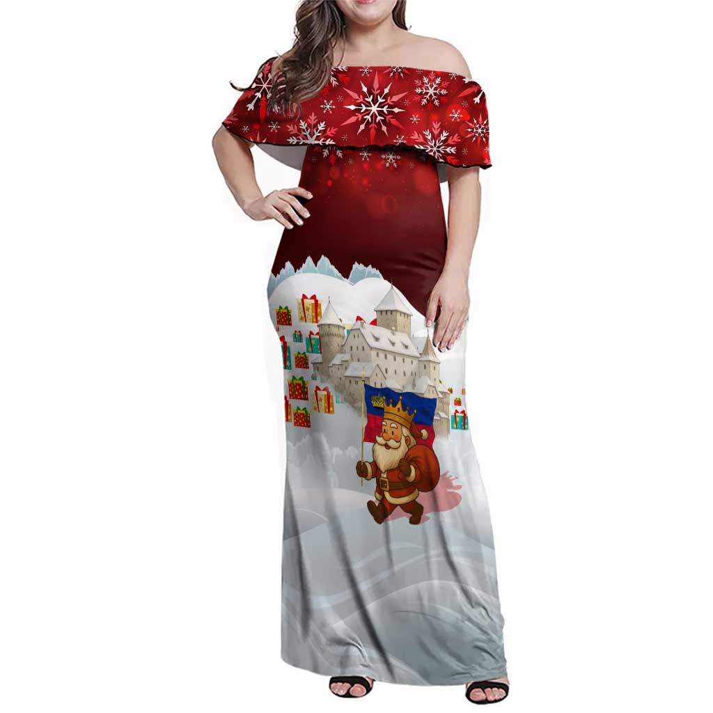 Liechtenstein Christmas Family Matching Off Shoulder Maxi Dress and Hawaiian Shirt with Santa Claus Castle Snowflakes and National Flag - Wonder Print Shop