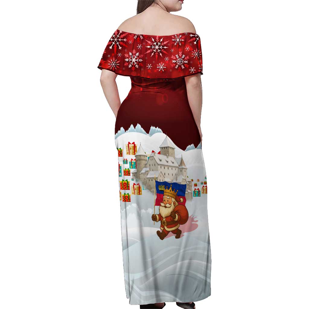 Liechtenstein Christmas Family Matching Off Shoulder Maxi Dress and Hawaiian Shirt with Santa Claus Castle Snowflakes and National Flag - Wonder Print Shop