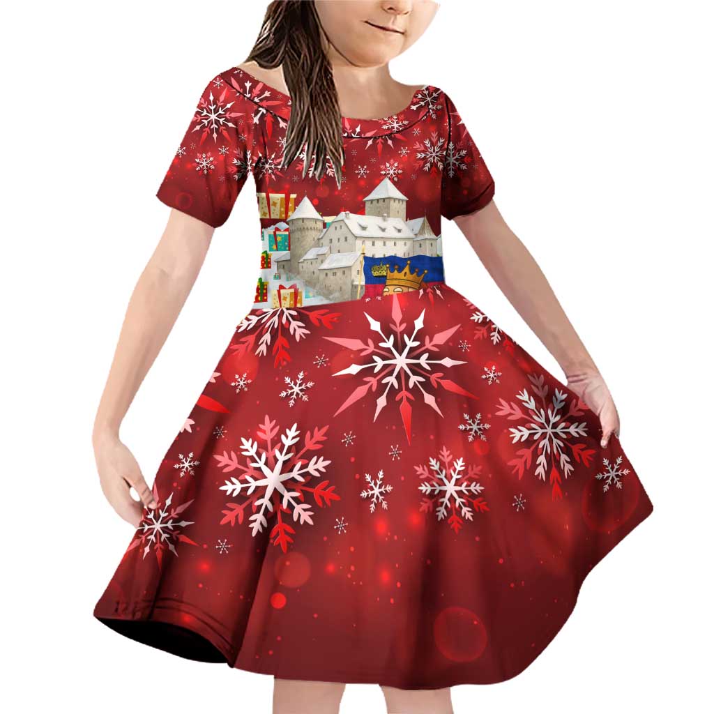 Liechtenstein Christmas Family Matching Off Shoulder Short Dress and Hawaiian Shirt with Santa Claus Castle Snowflakes and National Flag - Wonder Print Shop