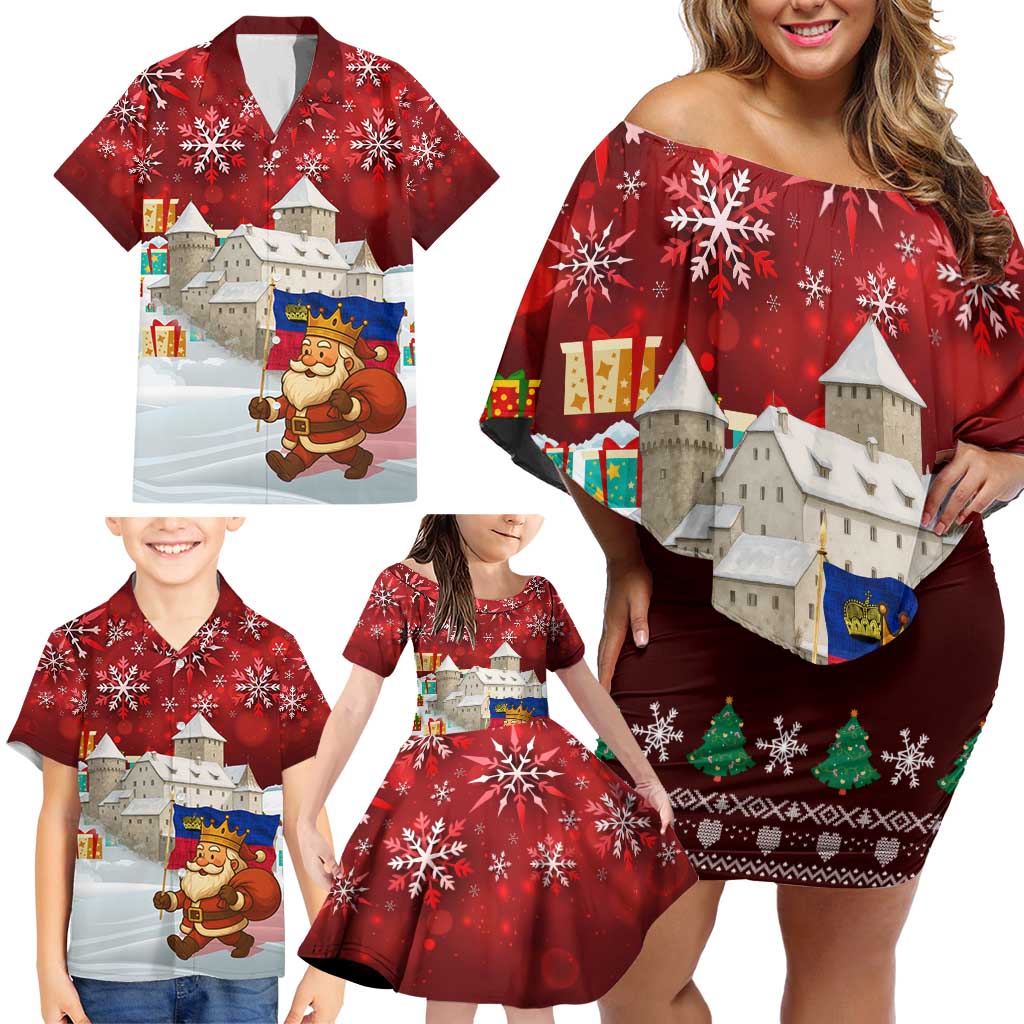 Liechtenstein Christmas Family Matching Off Shoulder Short Dress and Hawaiian Shirt with Santa Claus Castle Snowflakes and National Flag - Wonder Print Shop