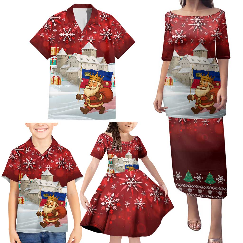 Liechtenstein Christmas Family Matching Puletasi and Hawaiian Shirt with Santa Claus Castle Snowflakes and National Flag - Wonder Print Shop
