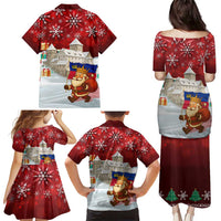 Liechtenstein Christmas Family Matching Puletasi and Hawaiian Shirt with Santa Claus Castle Snowflakes and National Flag - Wonder Print Shop