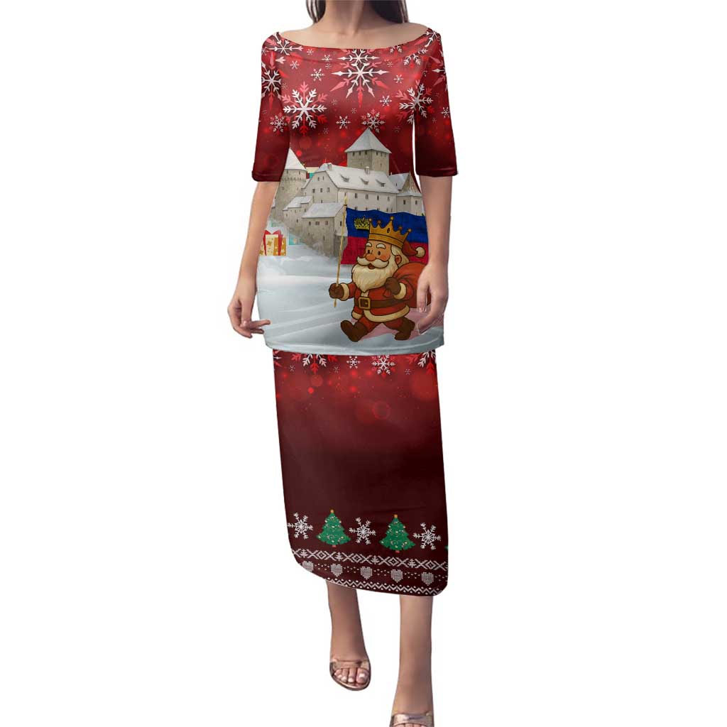 Liechtenstein Christmas Family Matching Puletasi and Hawaiian Shirt with Santa Claus Castle Snowflakes and National Flag - Wonder Print Shop