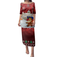 Liechtenstein Christmas Family Matching Puletasi and Hawaiian Shirt with Santa Claus Castle Snowflakes and National Flag - Wonder Print Shop