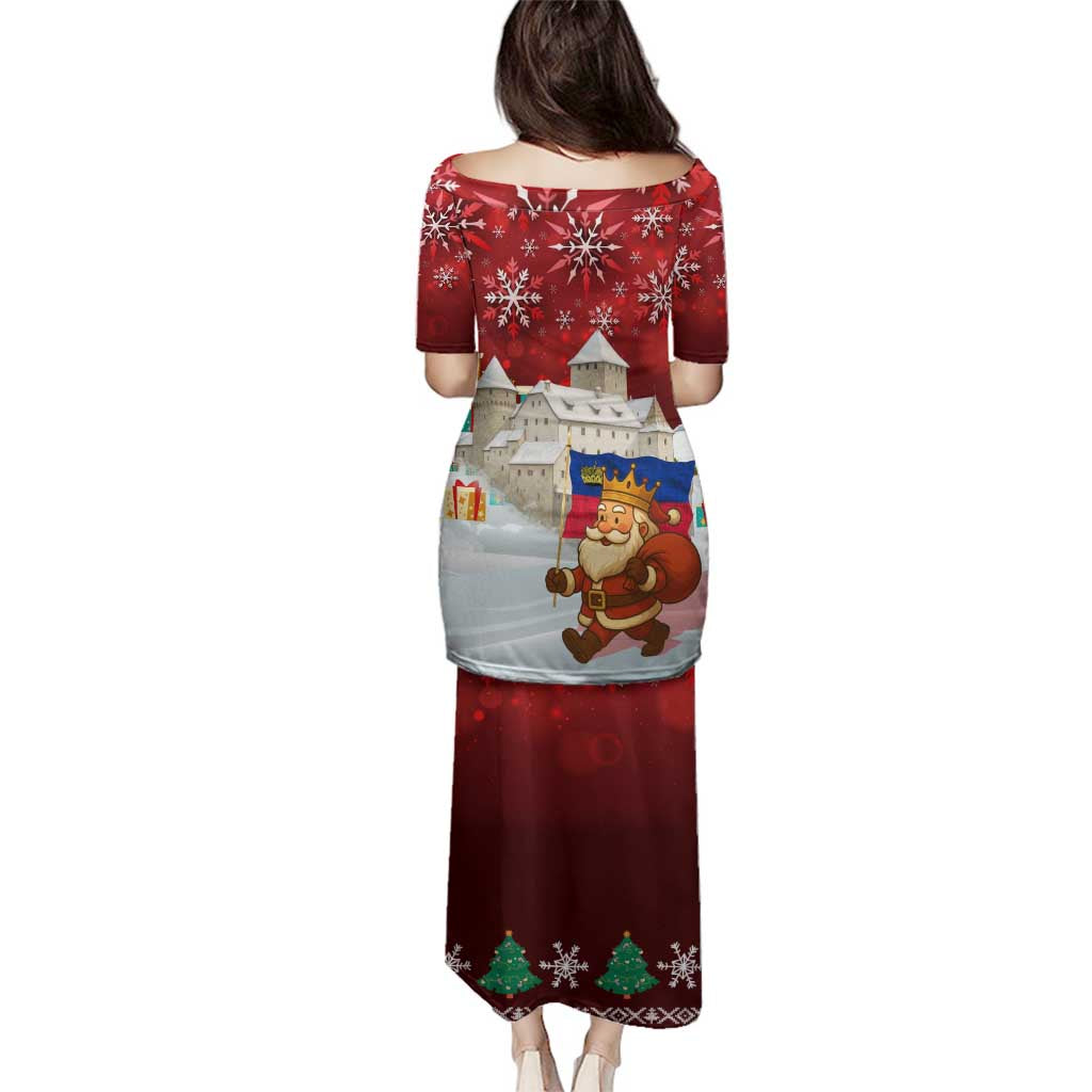 Liechtenstein Christmas Family Matching Puletasi and Hawaiian Shirt with Santa Claus Castle Snowflakes and National Flag - Wonder Print Shop