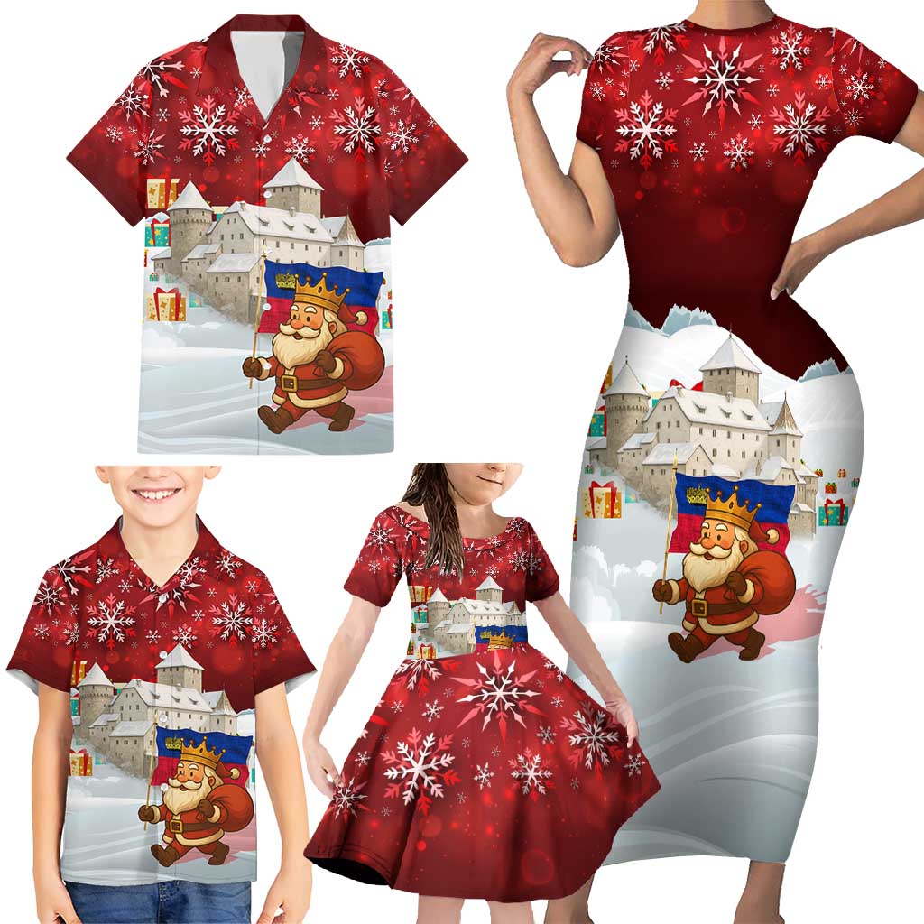 Liechtenstein Christmas Family Matching Short Sleeve Bodycon Dress and Hawaiian Shirt with Santa Claus Castle Snowflakes and National Flag - Wonder Print Shop