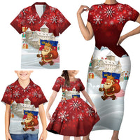 Liechtenstein Christmas Family Matching Short Sleeve Bodycon Dress and Hawaiian Shirt with Santa Claus Castle Snowflakes and National Flag - Wonder Print Shop