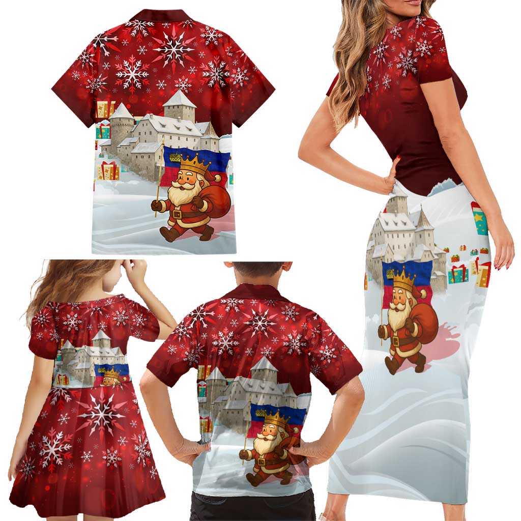 Liechtenstein Christmas Family Matching Short Sleeve Bodycon Dress and Hawaiian Shirt with Santa Claus Castle Snowflakes and National Flag - Wonder Print Shop