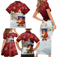 Liechtenstein Christmas Family Matching Short Sleeve Bodycon Dress and Hawaiian Shirt with Santa Claus Castle Snowflakes and National Flag - Wonder Print Shop
