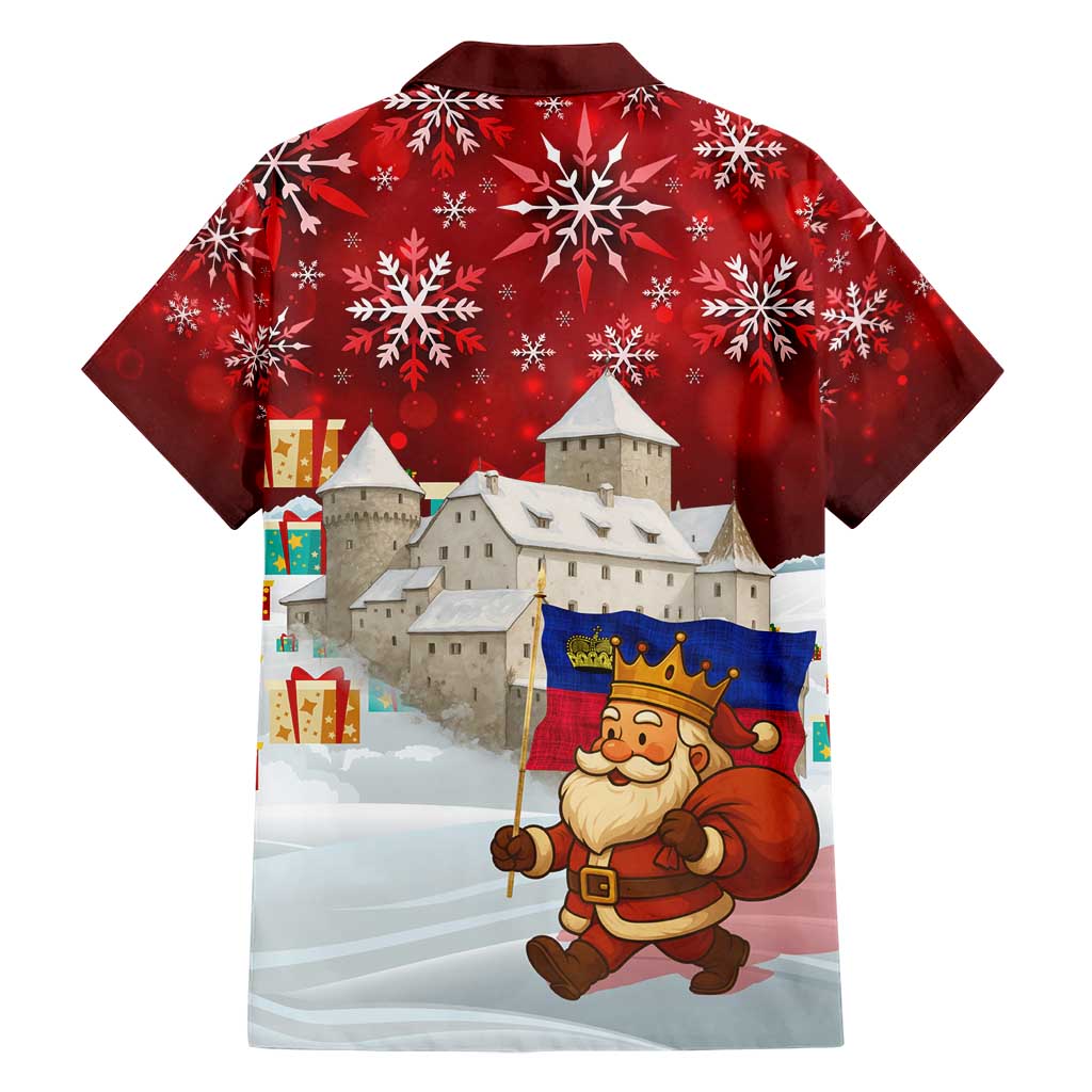 Liechtenstein Christmas Family Matching Short Sleeve Bodycon Dress and Hawaiian Shirt with Santa Claus Castle Snowflakes and National Flag - Wonder Print Shop