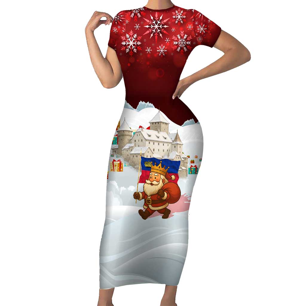 Liechtenstein Christmas Family Matching Short Sleeve Bodycon Dress and Hawaiian Shirt with Santa Claus Castle Snowflakes and National Flag - Wonder Print Shop