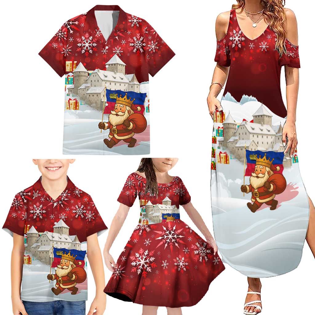 Liechtenstein Christmas Family Matching Summer Maxi Dress and Hawaiian Shirt with Santa Claus Castle Snowflakes and National Flag - Wonder Print Shop